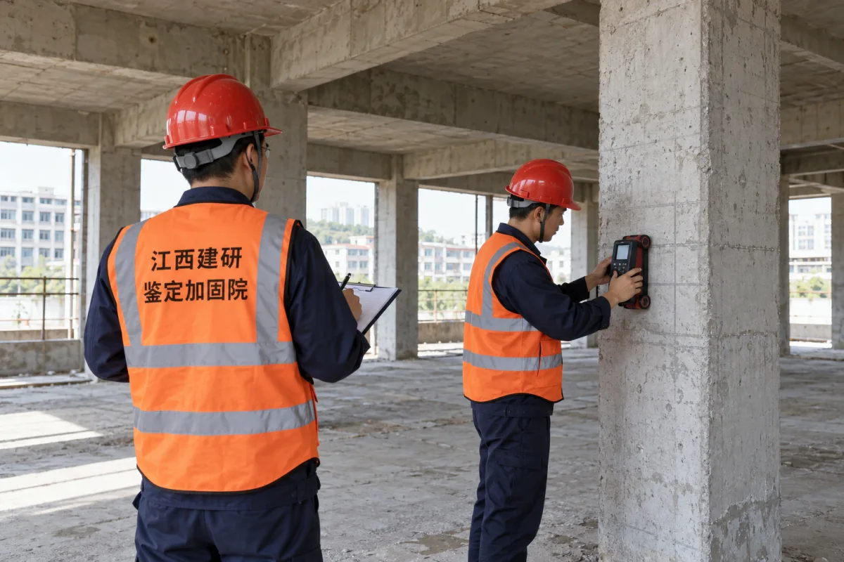 房屋可靠性鉴定示意:技术人员检查混凝土柱并记录结构现状