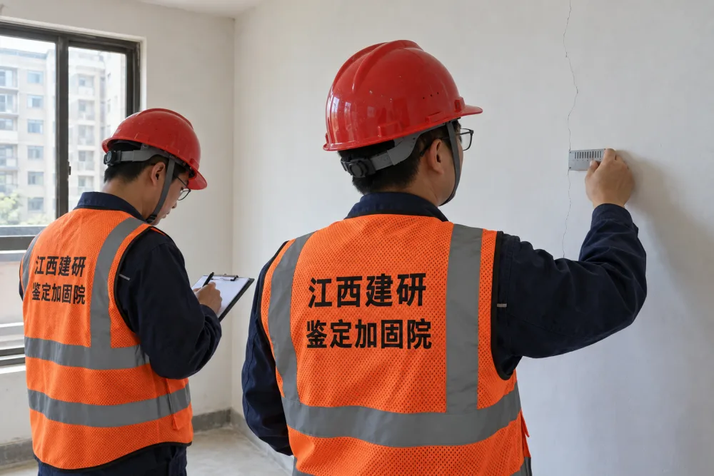 房屋正常使用性调查示意:检测人员测量墙面裂缝并记录位置