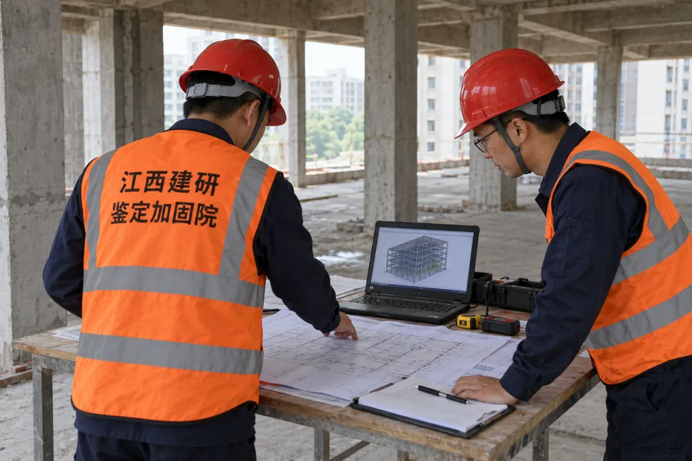 房屋可靠性综合评定示意:工程师核对结构图纸和计算模型