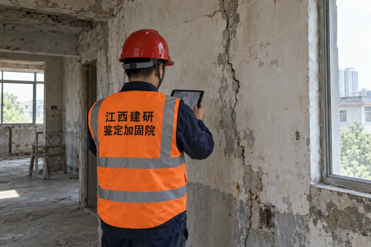 工程师复核房屋鉴定报告所涉及的墙体裂缝