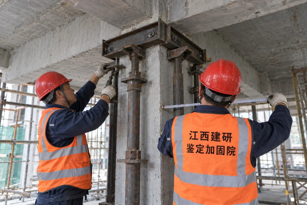 施工人员安装临时钢支撑并复核柱截面尺寸