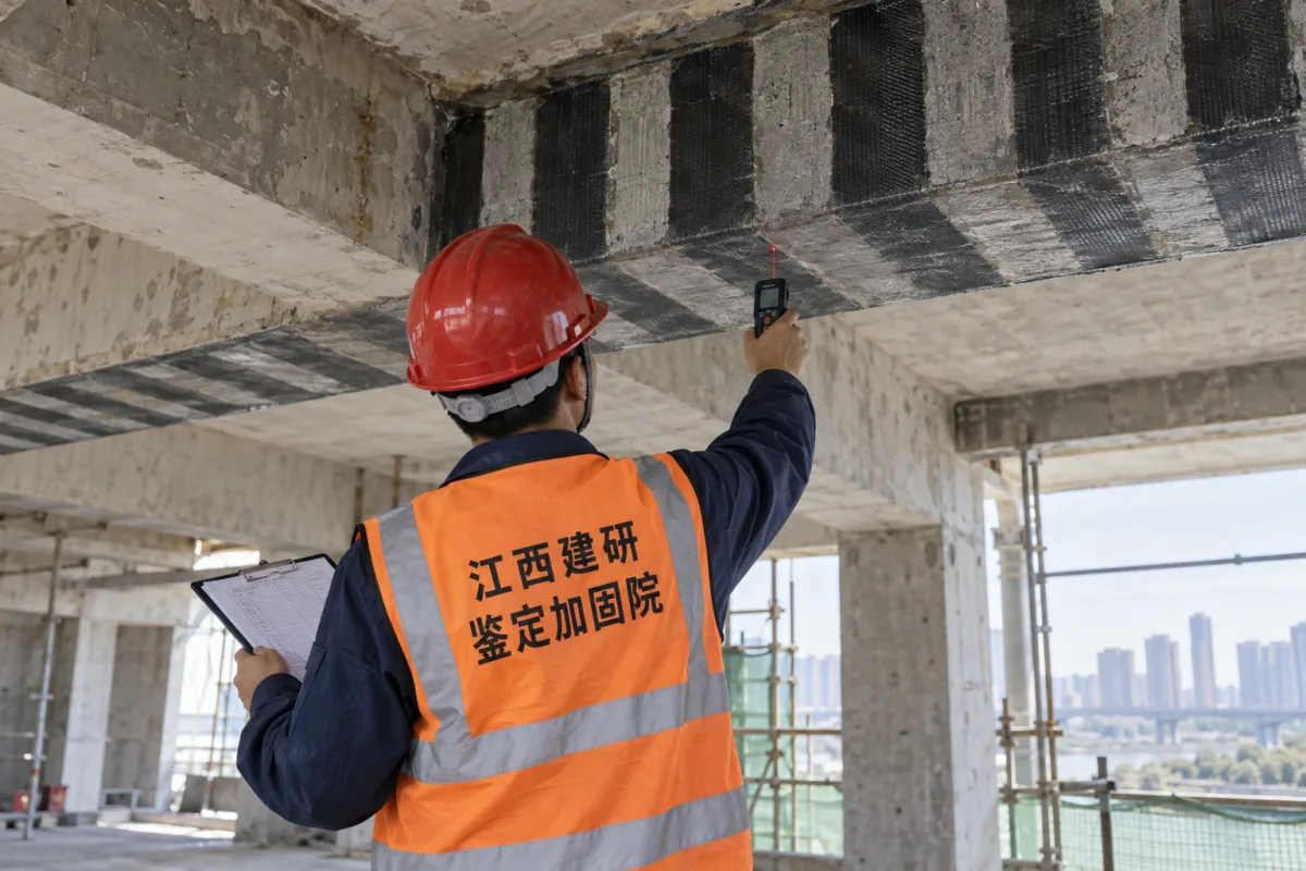 工程师检查混凝土梁碳纤维加固施工质量