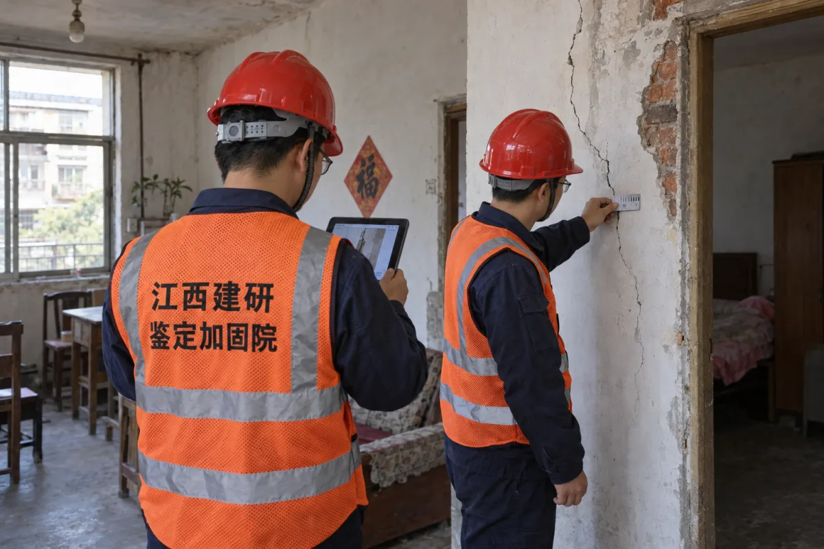 技术人员检测老旧住宅承重墙裂缝并记录