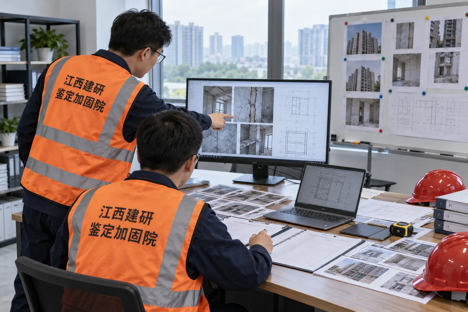 技术人员复核房屋检测照片结构图纸与质量鉴定报告