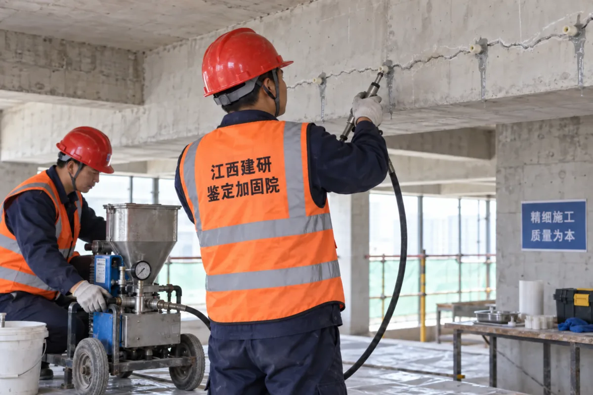 施工人员对混凝土梁裂缝进行压力注浆