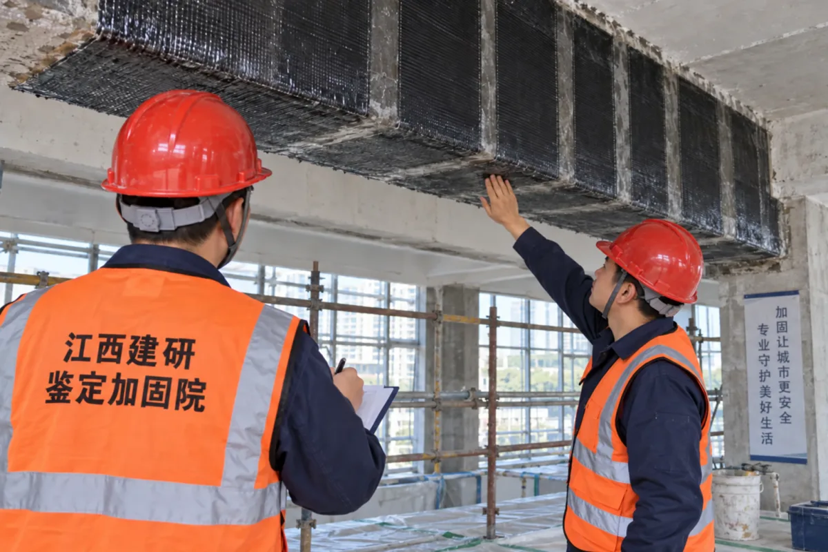 技术人员检查梁底碳纤维结构补强施工质量