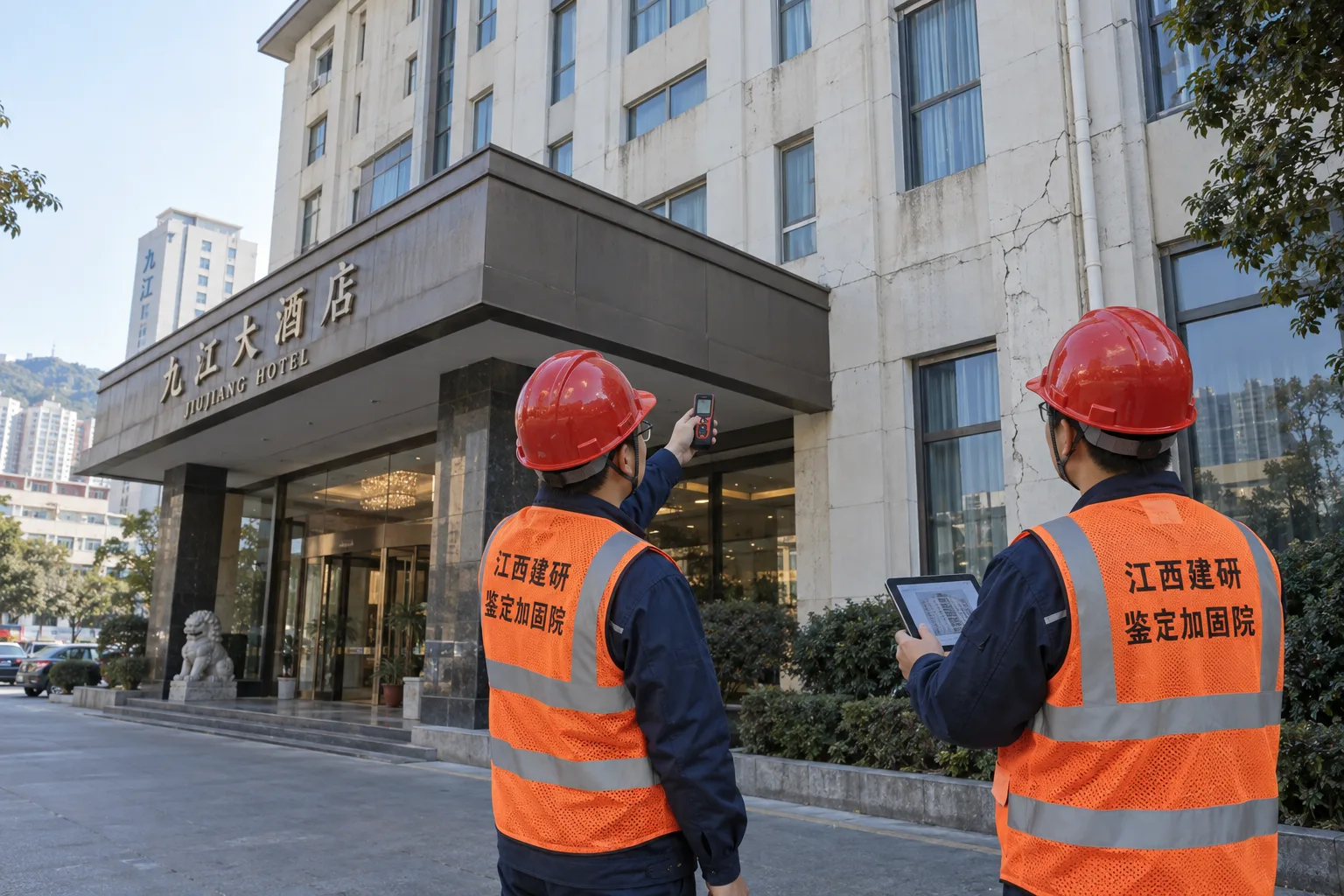 技术人员对九江既有酒店外立面和裂缝开展改造前查勘
