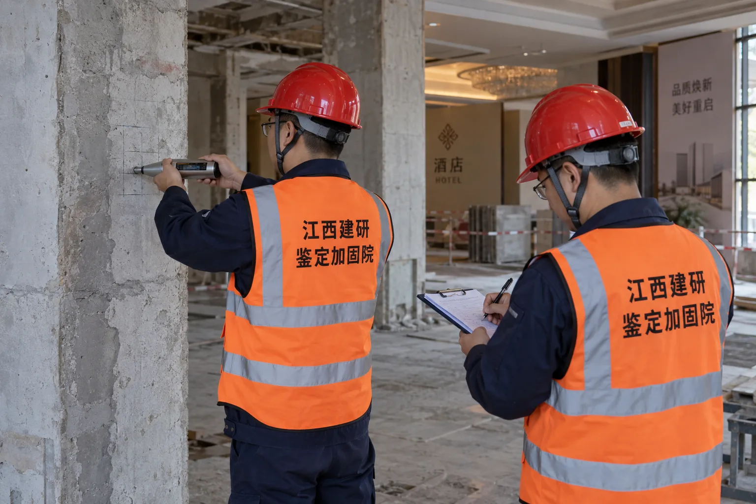检测人员在酒店改造现场使用回弹仪检测混凝土柱强度