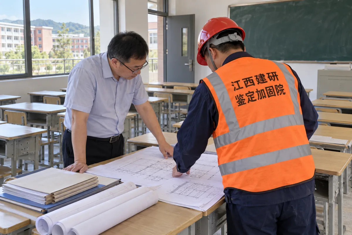 上饶学校负责人和工程师核对校舍图纸资料
