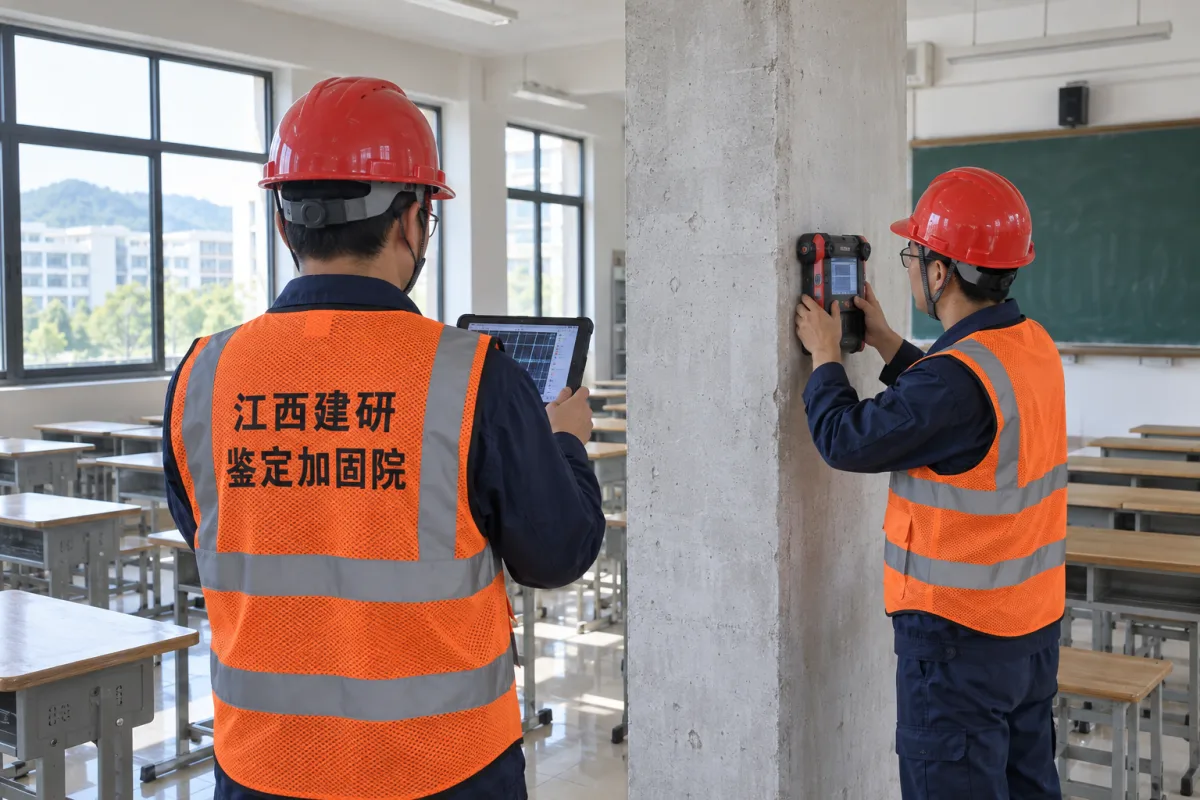 技术人员在学校教室检测混凝土柱钢筋配置