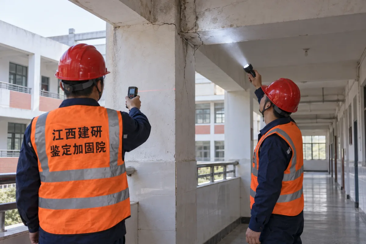 工程师检查学校楼道梁柱节点和墙面裂缝