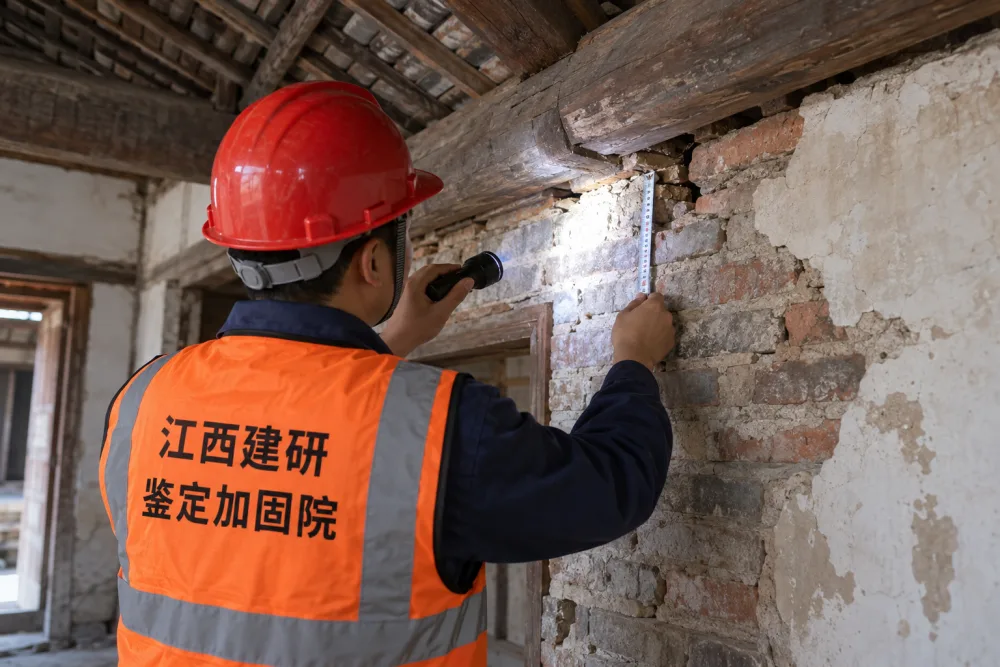 危险构件检查示意：技术人员查看老房砖墙与木梁支承部位