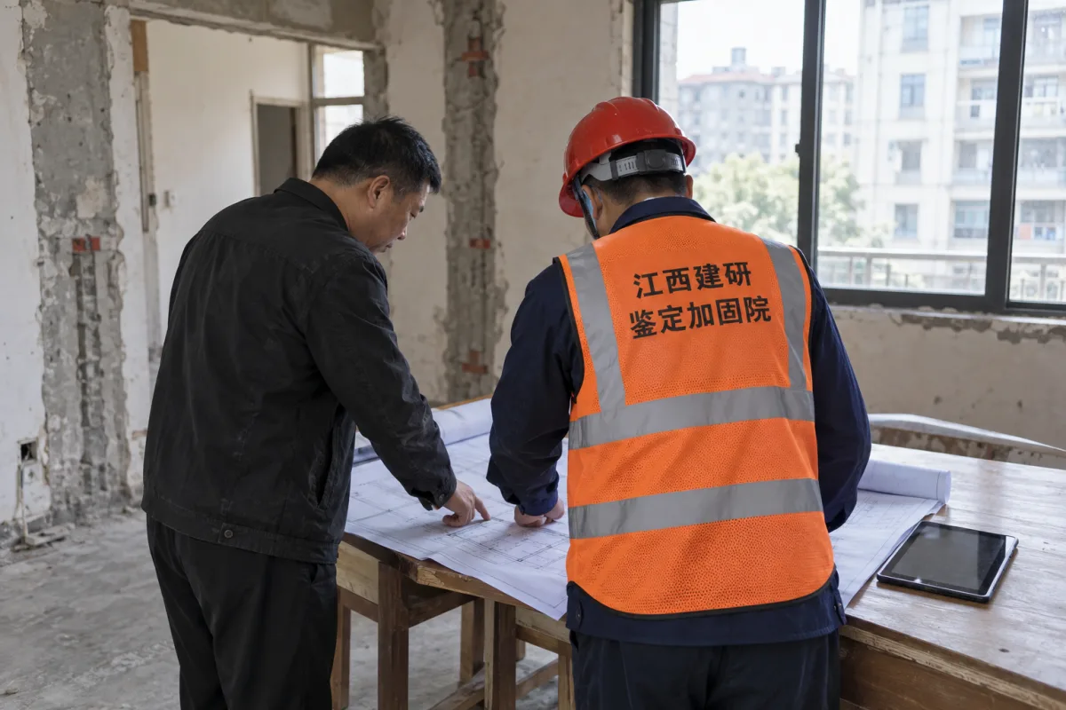 业主与工程师核对既有建筑图纸和现场情况