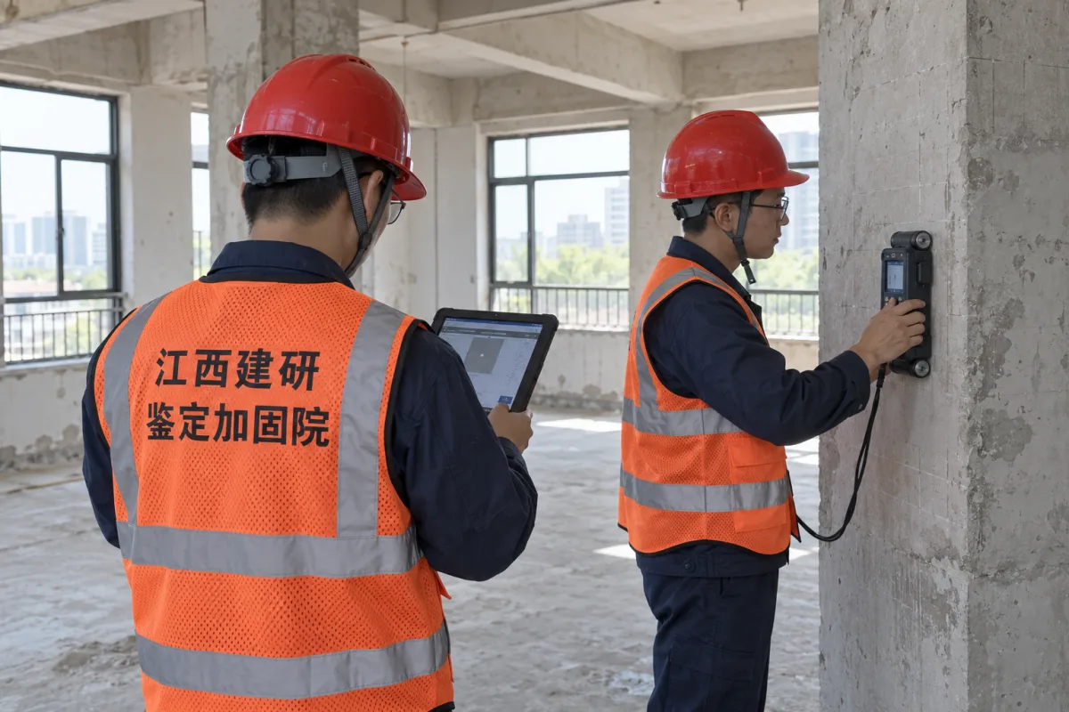 技术人员使用钢筋扫描仪检测混凝土柱并记录数据