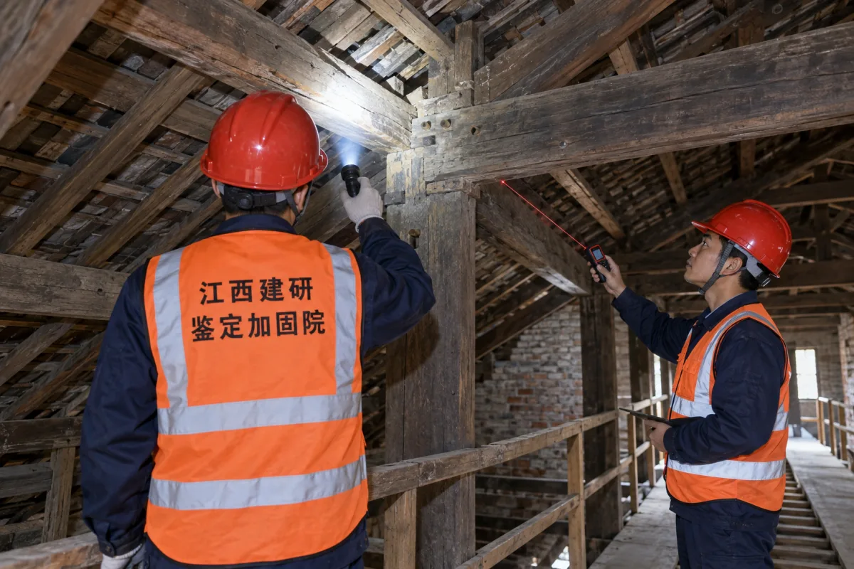 技术人员在安全通道内检查阁楼木屋架连接节点