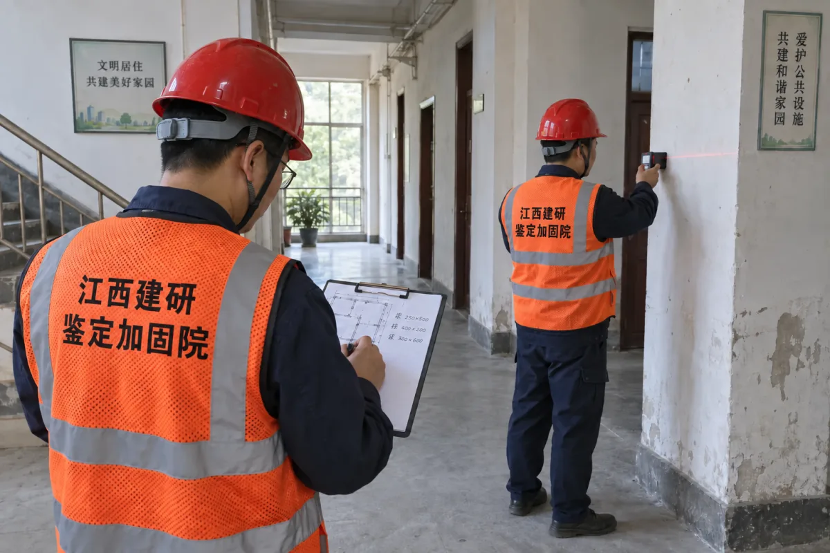 技术人员使用激光测距仪复核结构尺寸并绘制现状图