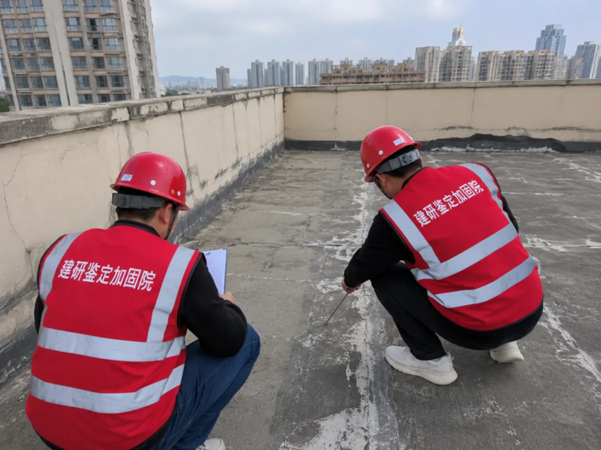 技术人员开展屋面裂缝与防水状况检查