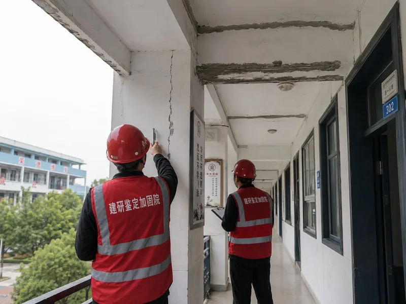 技术人员在教学楼走廊开展结构检测